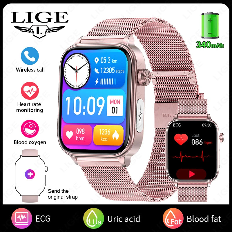 LIGE AI Diagnose Health Smart Watch Women ECG+PPG+HRV Micro Examination Blood Fat Uric Acid Heart Rate BT Call Smartwatch 2025