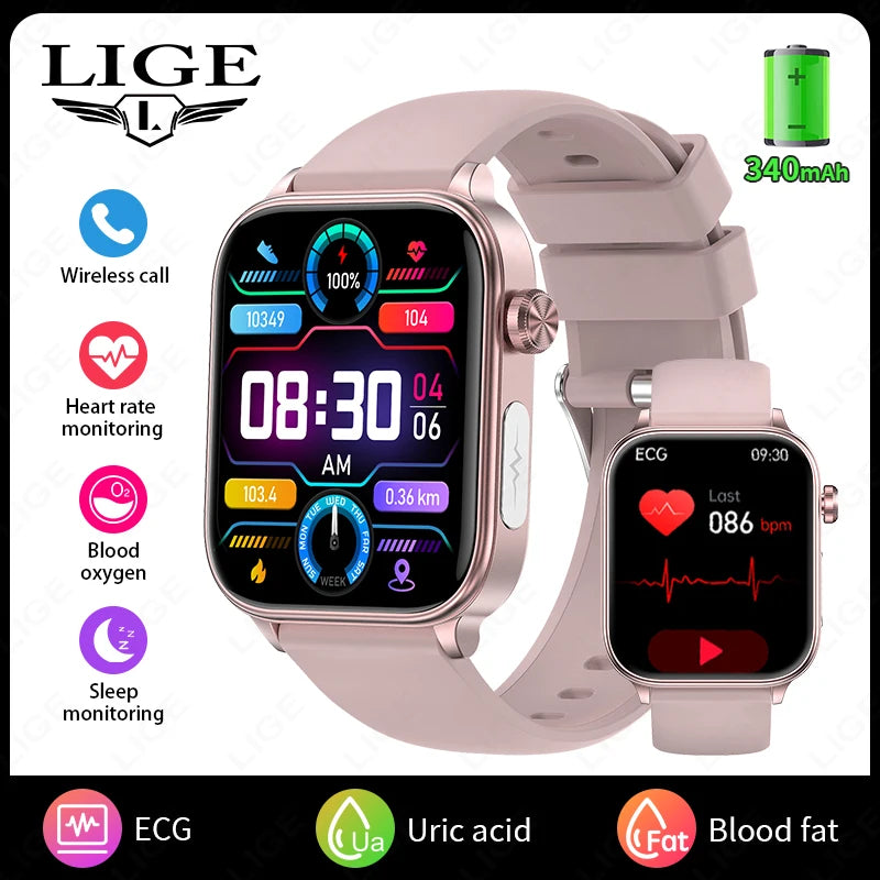 LIGE AI Diagnose Health Smart Watch Women ECG+PPG+HRV Micro Examination Blood Fat Uric Acid Heart Rate BT Call Smartwatch 2025