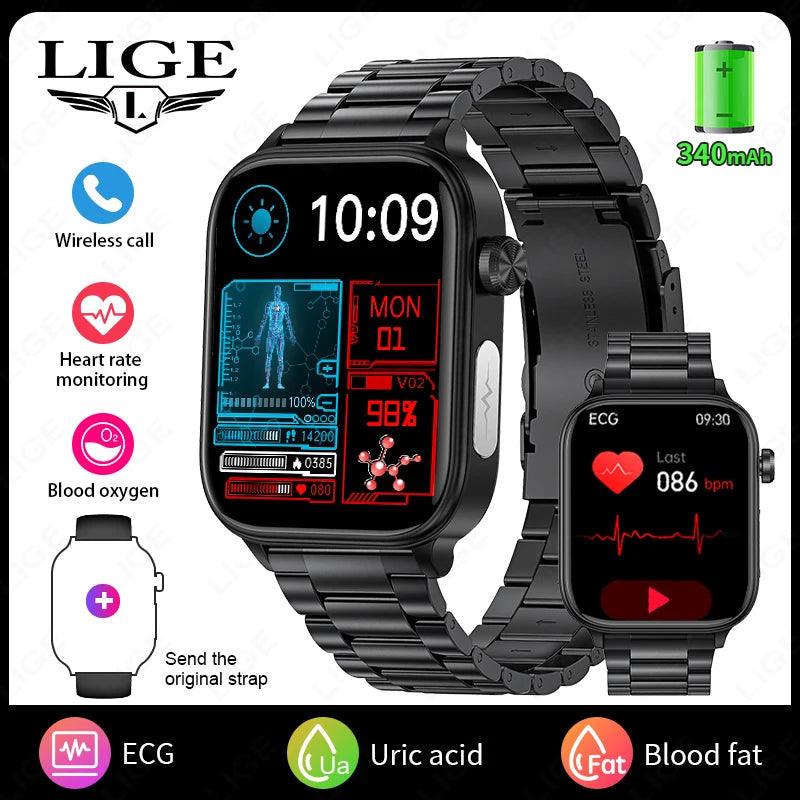 LIGE AI Diagnose Health Smart Watch Women ECG+PPG+HRV Micro Examination Blood Fat Uric Acid Heart Rate BT Call Smartwatch 2025