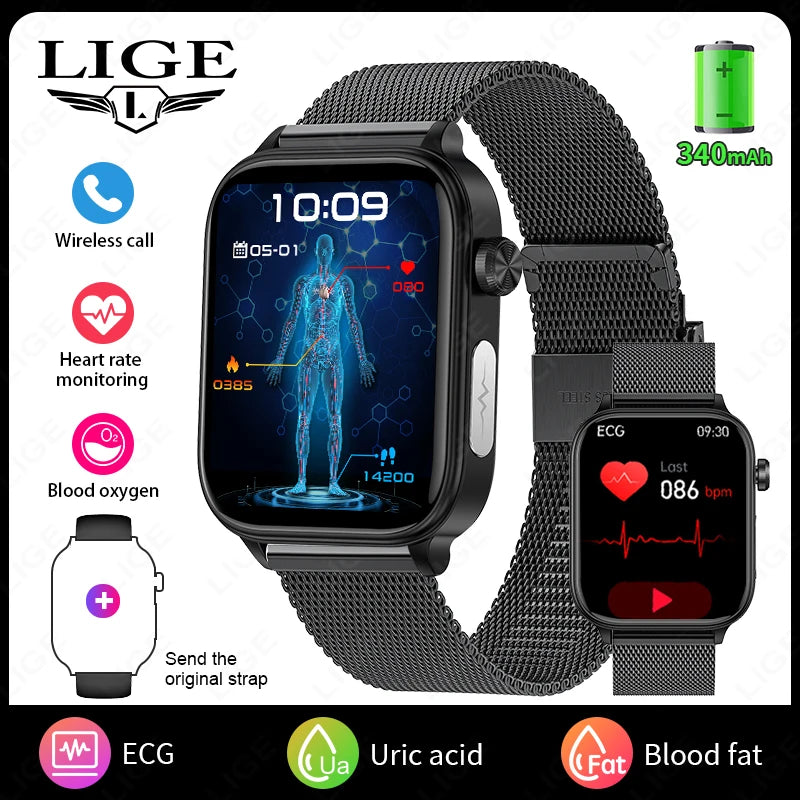 LIGE AI Diagnose Health Smart Watch Women ECG+PPG+HRV Micro Examination Blood Fat Uric Acid Heart Rate BT Call Smartwatch 2025