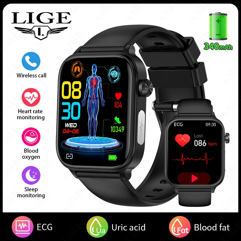 LIGE AI Diagnose Health Smart Watch Women ECG+PPG+HRV Micro Examination Blood Fat Uric Acid Heart Rate BT Call Smartwatch 2025