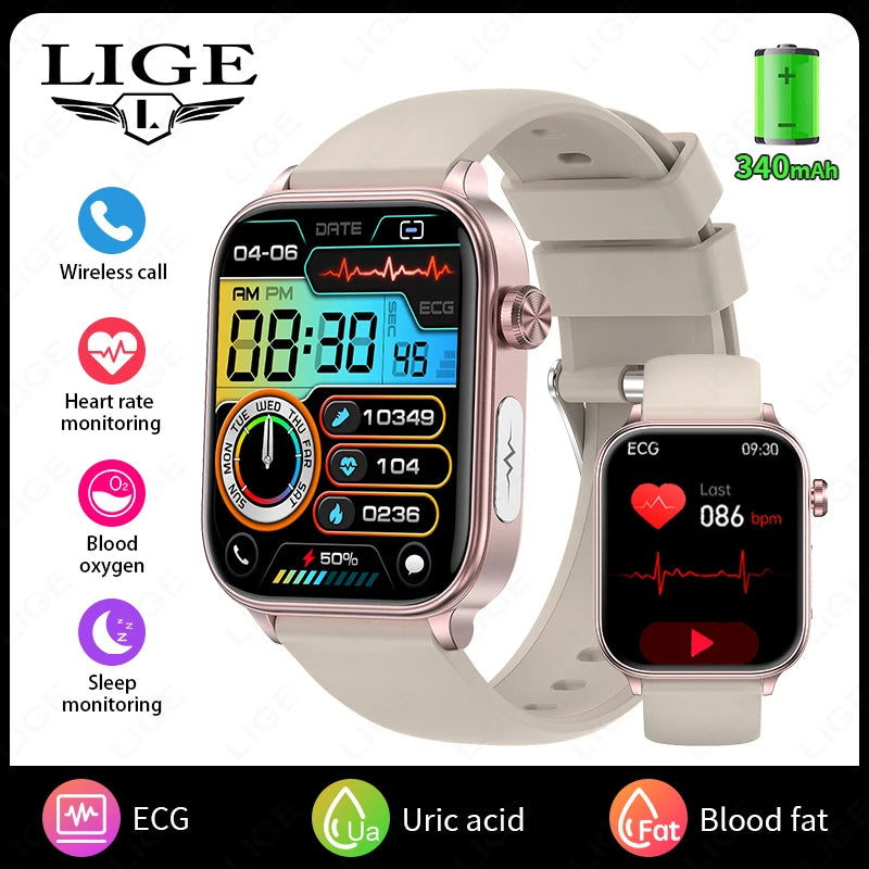 LIGE AI Diagnose Health Smart Watch Women ECG+PPG+HRV Micro Examination Blood Fat Uric Acid Heart Rate BT Call Smartwatch 2025