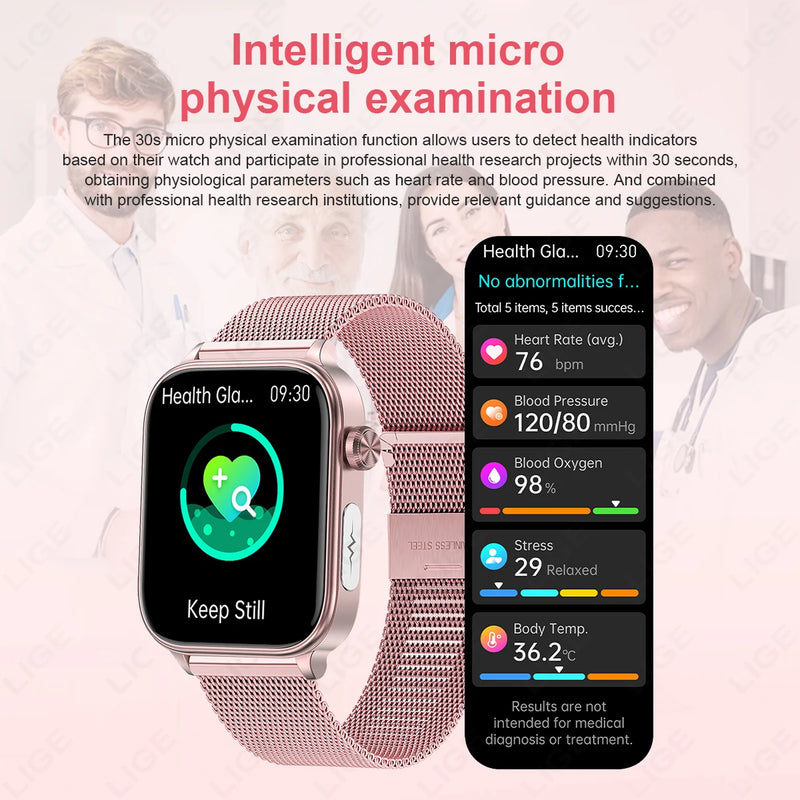 LIGE AI Diagnose Health Smart Watch Women ECG+PPG+HRV Micro Examination Blood Fat Uric Acid Heart Rate BT Call Smartwatch 2025
